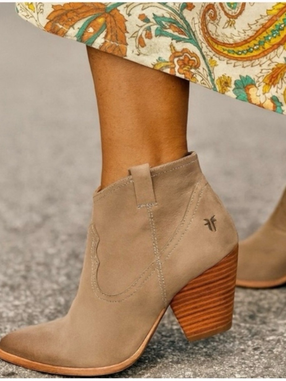 Frye Tan Suede Western Reina Ankle Boot - Stone Buffed Nubuck Chic